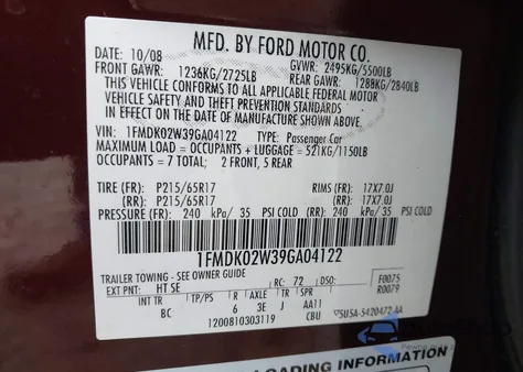 2009 Ford Taurus X Sel z USA, uszkodzony, nr VIN 1FMDK02W39GA04122